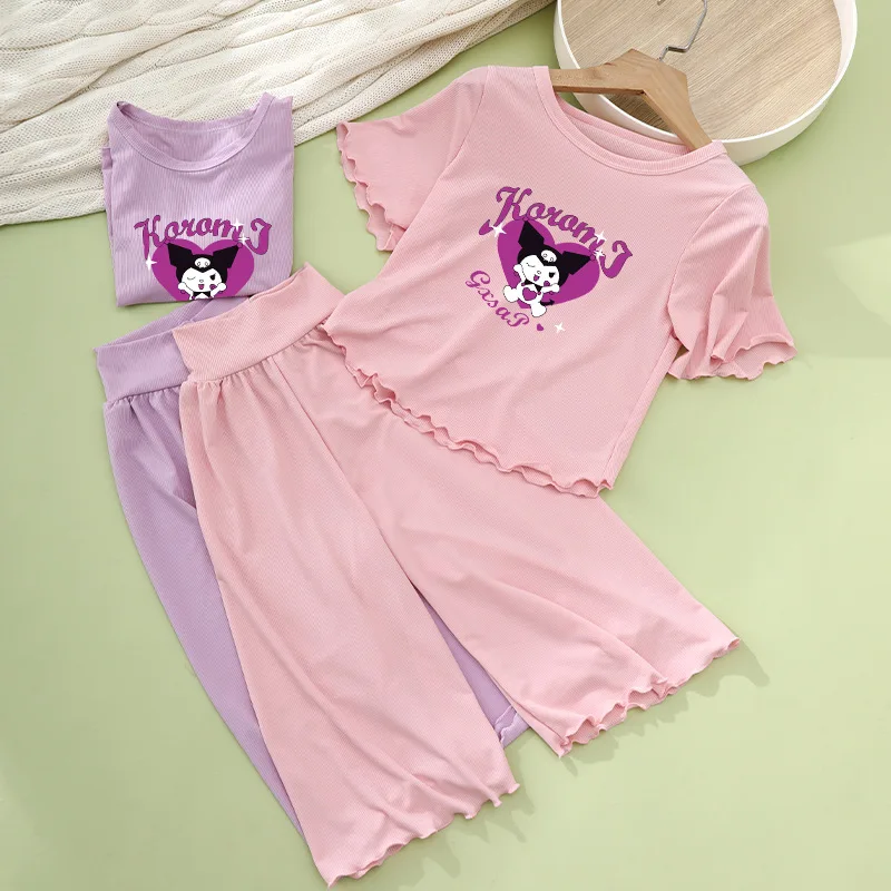 

Kawaii Anime Sanrio Kuromi Modal Childrens Pajamas Summer Thin Section Ice Silk Cartoon Short-Sleeved Loose Home Clothes Set