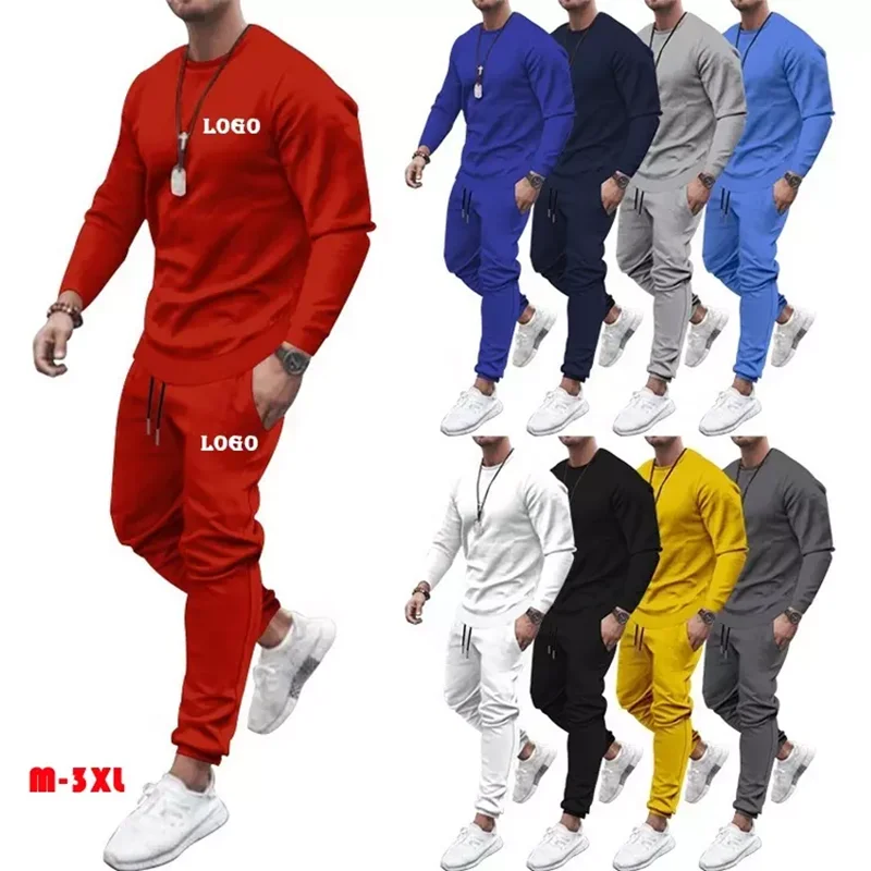 Custom Logo Mens Round Neck Sweatsuit Joggers Casual Solid Color Fitness Casual Breathable Tracksuit 2 Piece Set