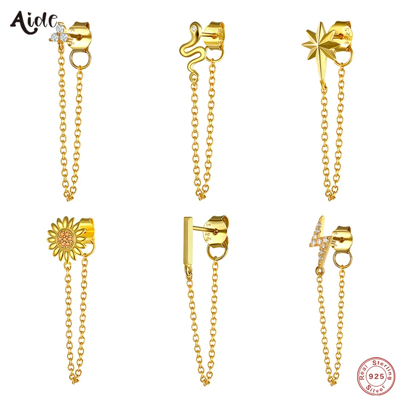 

Aide 925 Sterling Silver Shimmering Zircons Snake Lightning Sunflower Stud Earrings With Long Chain Tassel Front Back Earrings