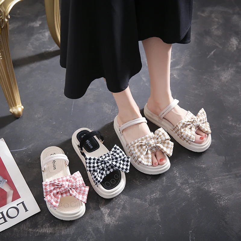 

Shoes Women Slippers Casual Slides Butterfly-Knot Pantofle Platform Med Soft Luxury Flat 2022 Fabric Scandals PU Rubber Fashion