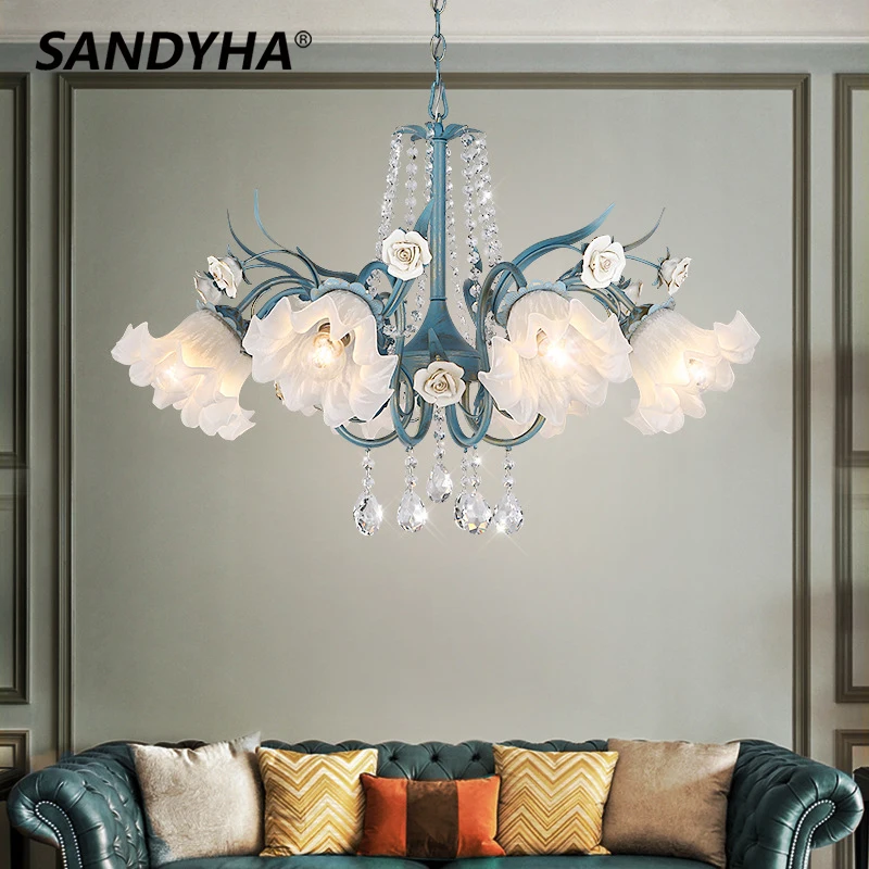 SANDYHA French Pastoral Chandelier Creative Flowers Crystal Glass Led Pendant Lights for Living Room Bedroom Home Decor Hanglamp