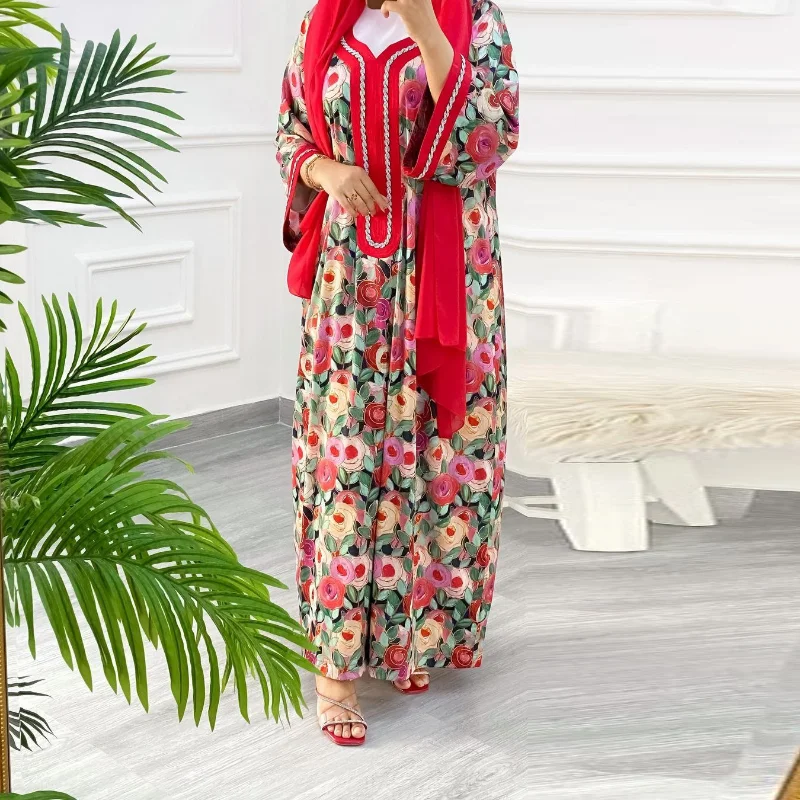 Jalabiya Muslim Dress Women Full Sleeve Ankle Length Robes Autumn New Floral Print Elegant Islam Abaya Muslim Party Long Dress