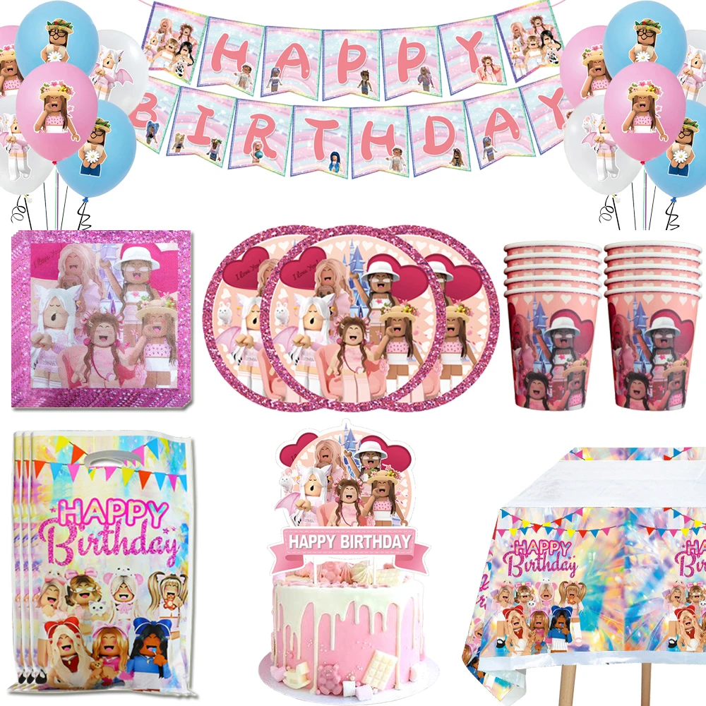 

Pink Robot Blocks Kids Birthday Party Decor Cartoon Game Disposable Tableware Paper Cup Plate for Girls Baby Shower Supplies