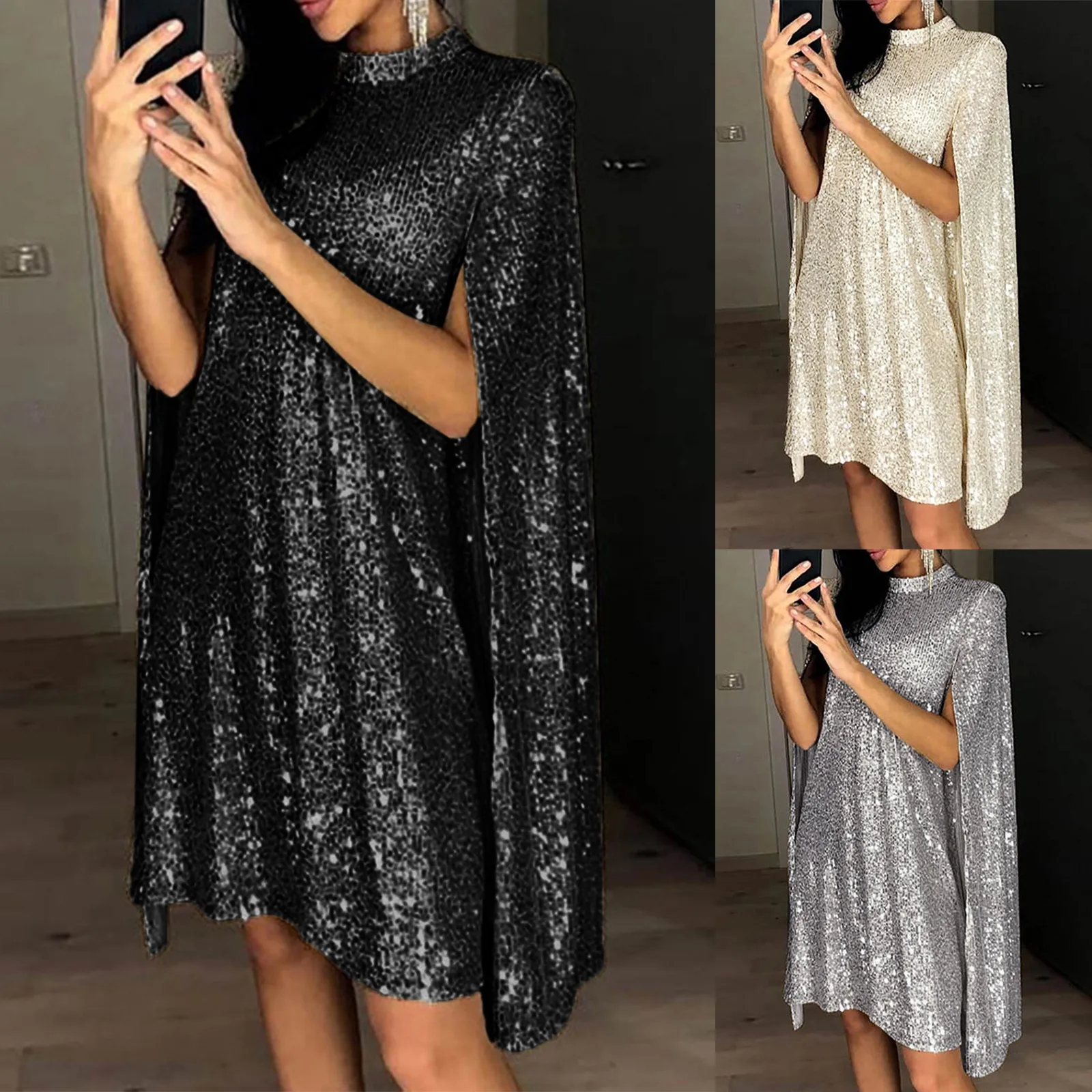 

Party Sequin Dresses Solid Color Waist High Neck Dress