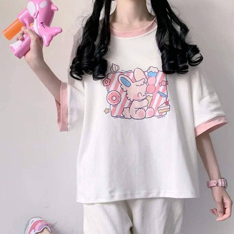 

Футболка женская с коротким рукавом, милая уличная одежда в японском стиле Харадзюку, топ с мультяшным графическим принтом, рубашка, одежда ...