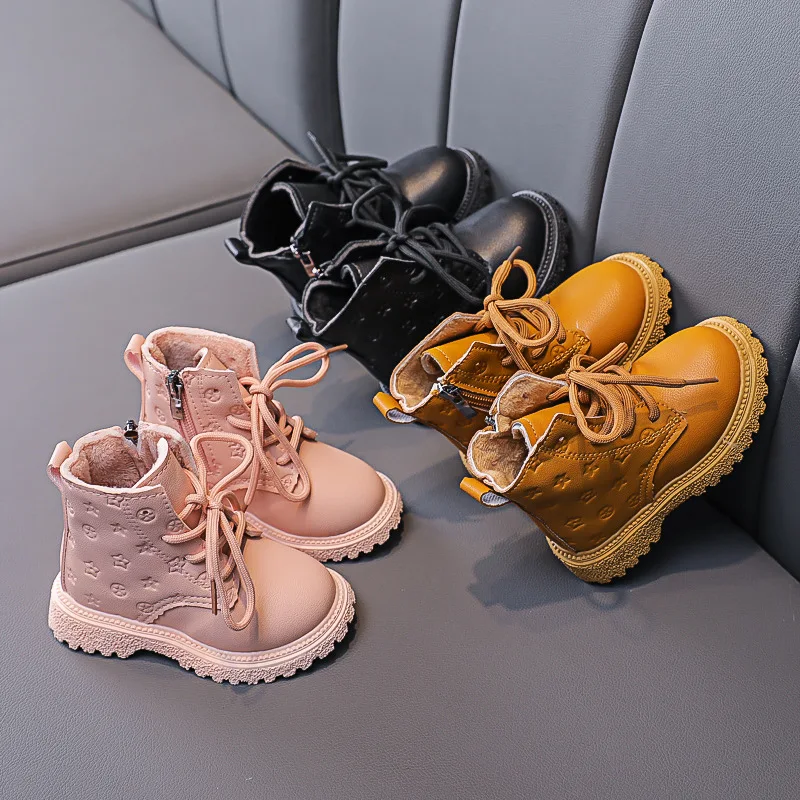 

Spring Autumn Girls Boots Children Shoes Thin Velvet Kids Snow Boot Toddler Fashion Leather Embossing Non-Slip Ankle Short Boot