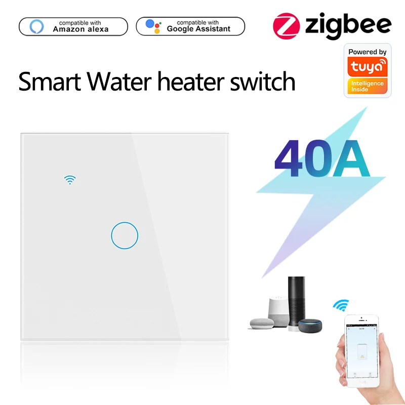 

Eu Smart Water Heater Boiler Switch Voice Control Tuya Smart Touch Wall Switch 40a Glass Panel Touch Sensor Timing Remote 8000w