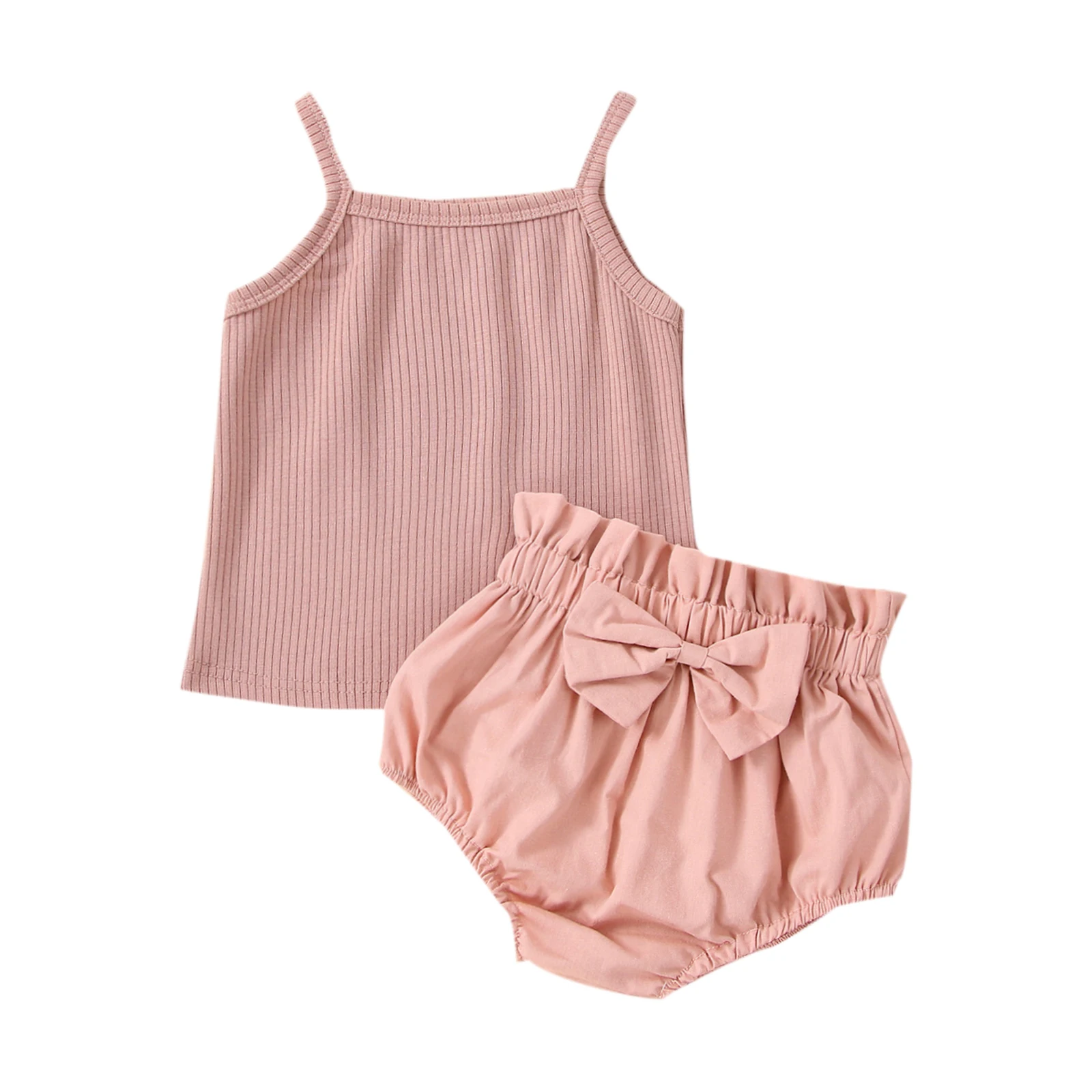 

Infant Baby Girls Clothing Two Piece Casual Set Thin Spaghetti Straps Ribbed Camisole Matching Elastic Waist Bow Decor Shorts
