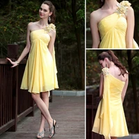 free shipping party prom gown 2015 yellow chiffon one shoulder flowers a line elegant banquet dress short bridesmaid dresses