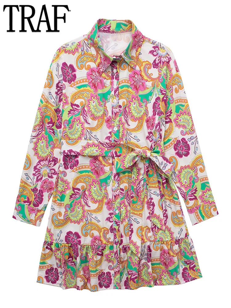 

TRAF Print Boho Shirt Dress Women Ruffle Short Dress Woman Long Sleeve Office Dresses for Women Belt Button Summer Female Dress