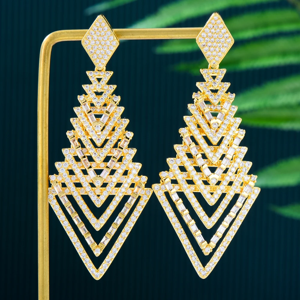 

Kellybola New Luxury Gorgeous Rhombic Pendant Earrings Full Shiny CZ Bride Wedding Dancer Party Show Earring Girl's Gift Jewelry