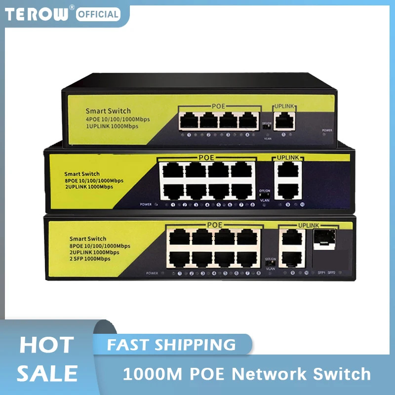 TEROW 6/10/11 Port 1000Mbps Network Switch 52V 120W 4/8 Port POE Ethernet Switch Gigabit Switch for CCTV/IP/ Camera/ Wireless AP