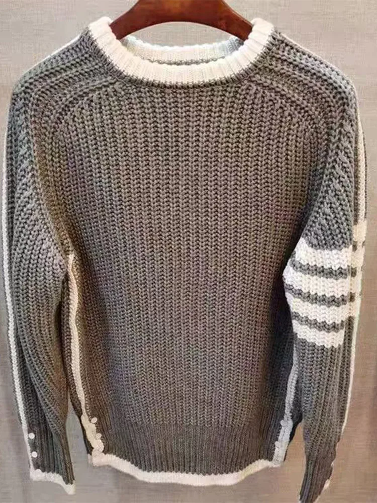 Весенне-осенний модный полосатый контрастный вязаный свитер мужской