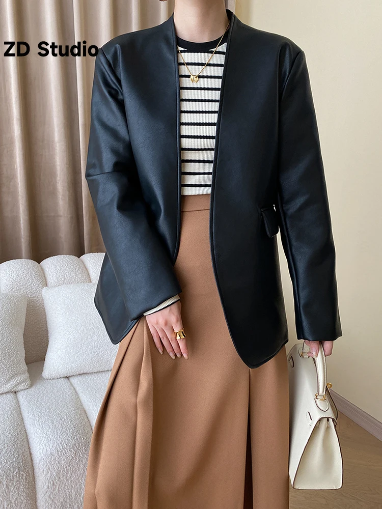 

[ZD Studio] Women Beige Pu Leather Brief Elegant Blazer New V-neck Long Sleeve Loose Fit Jacket Spring Autumn 2023
