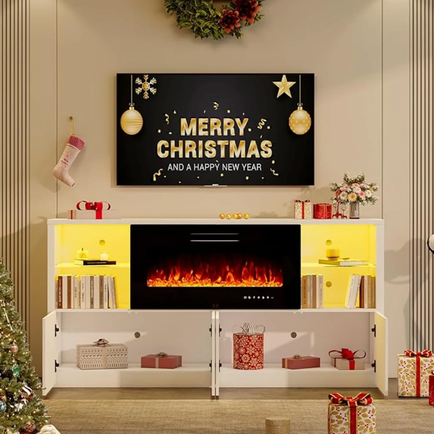 Современная подставка для телевизоров с камином до 75 дюймов 40 4 полки и шкафы