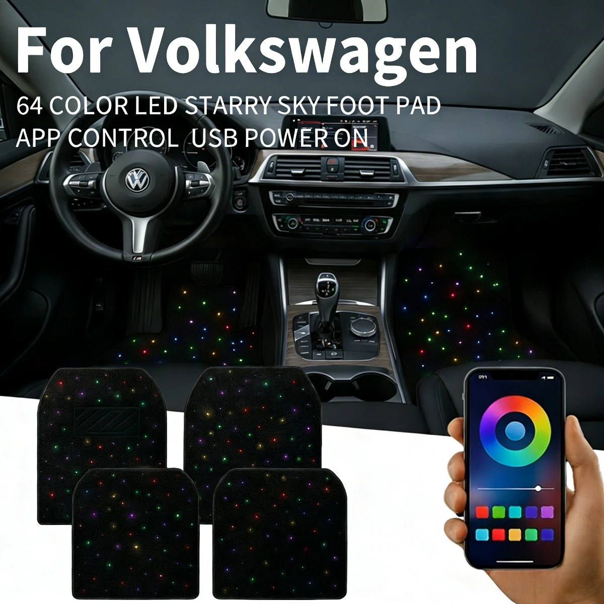 Фото Для VolkswagenGolf Polo T-Cross Caddy Touran Jetta Vento Talagon Tiguan Touareg USB Автомобильный светодиодный коврик для ног со звездным небом DIY можно разрезать №2