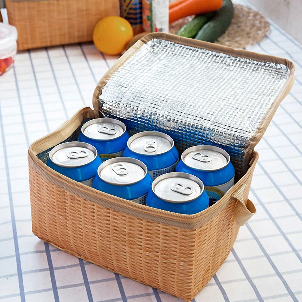 

Переносная плетеная Сумка для пикника из ротанга, водонепроницаемая посуда, изолированный термоохладитель, пищевой контейнер, корзина для кемпинга и пикника