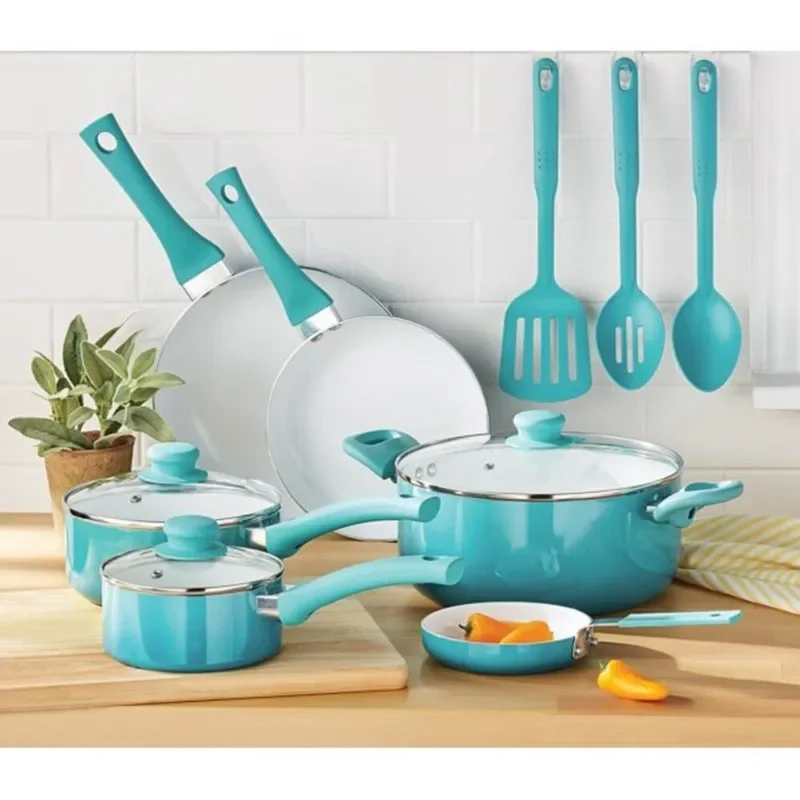 

Teal Ombre 12 Piece Nonstick Cookware Set: Ideal for Home Chefs and Beginners.