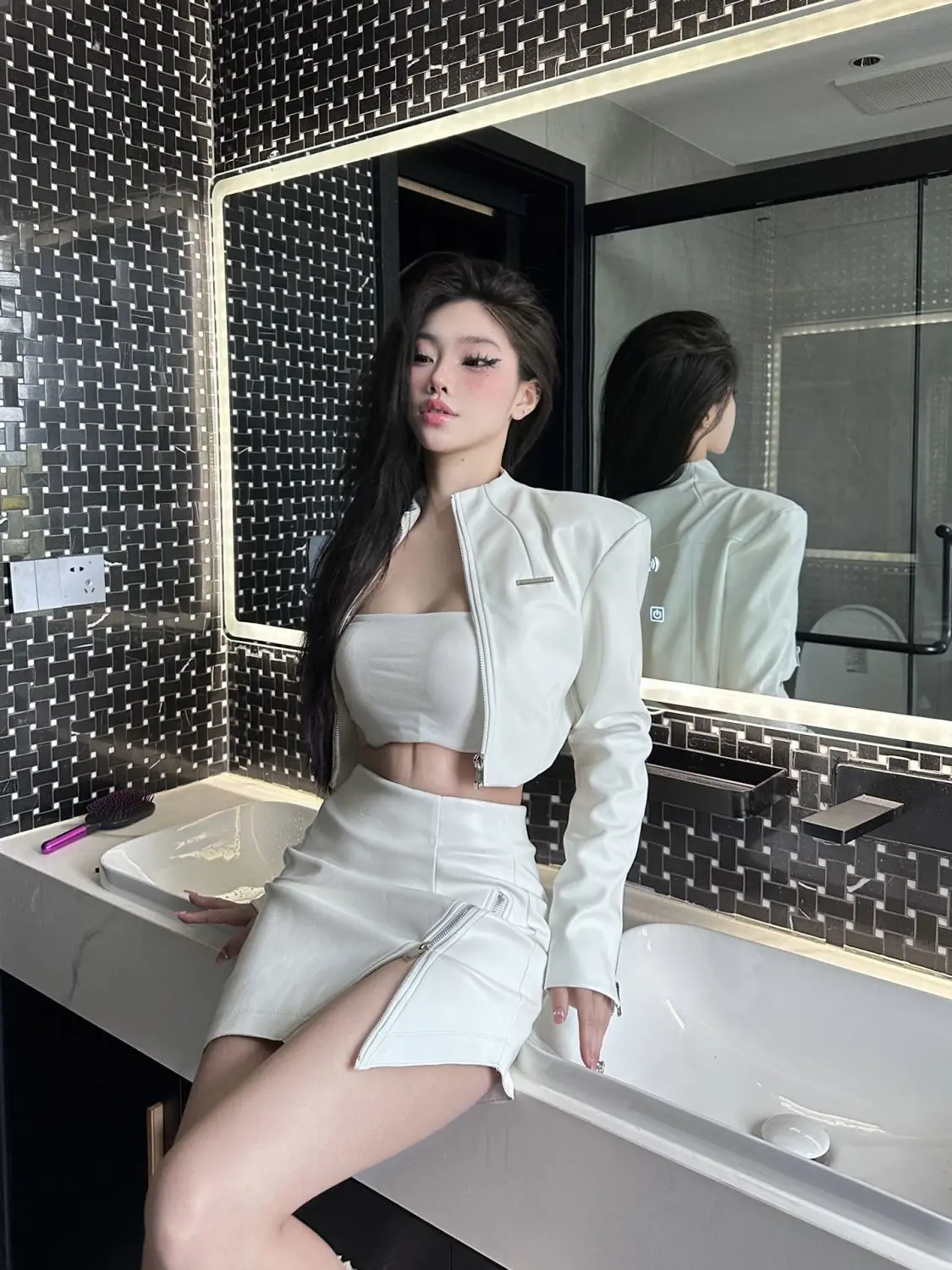 Эстетический элегантный кожаный комплект из 2 предметов 2000-х годов женская