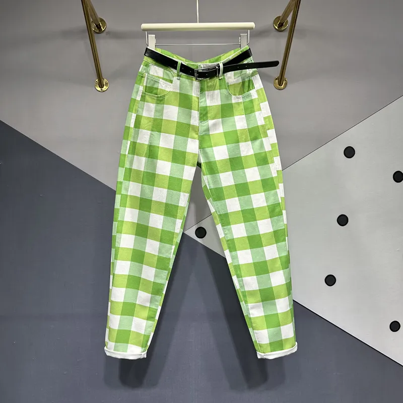 

Винтажные Зеленые джинсы, женские брюки, Новинка лета 2023, брюки до щиколотки, шаровары с высокой талией, женские мешковатые джинсы в клетку для женщин