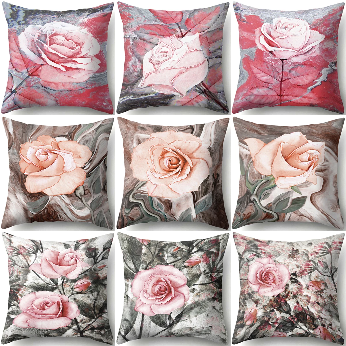 

ZHENHE Hand Painted Pink Peach Blossom Pillow Case Home Decoration Cushion Cover Bedroom Sofa Decor Pillow Cover 18x18 Inch