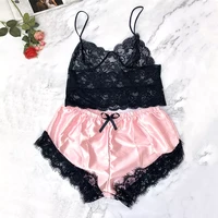 lace floral cami top with satin shorts sexy lingerie set hot women sleepwear sleeveless scallop bralette panty pajamas set femme