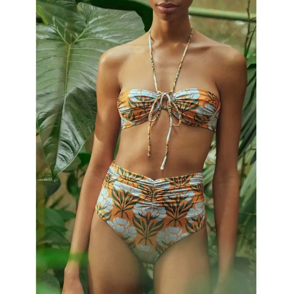 

Sexy Halter Strap Bikini Print Fashion Swimsuit One Piece Women High Waisted Triangle Swimming Bra Lace-up Beach Girl Swimwear