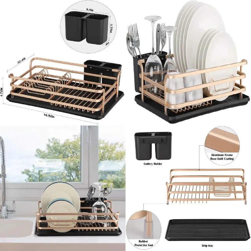 

Luxurious Rosegold-Plated Removable Dish Rack with Cutlery Holder & Drainer Tray - Perfect Kitchen Storage Solution for Home Dec