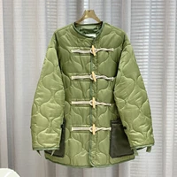 Olive Green Tops Women Jacket Autumn Loose Parka Warm Overcoat Winter New Vintage Quilted Rhombic Horn Buckle Cotton Coat Female