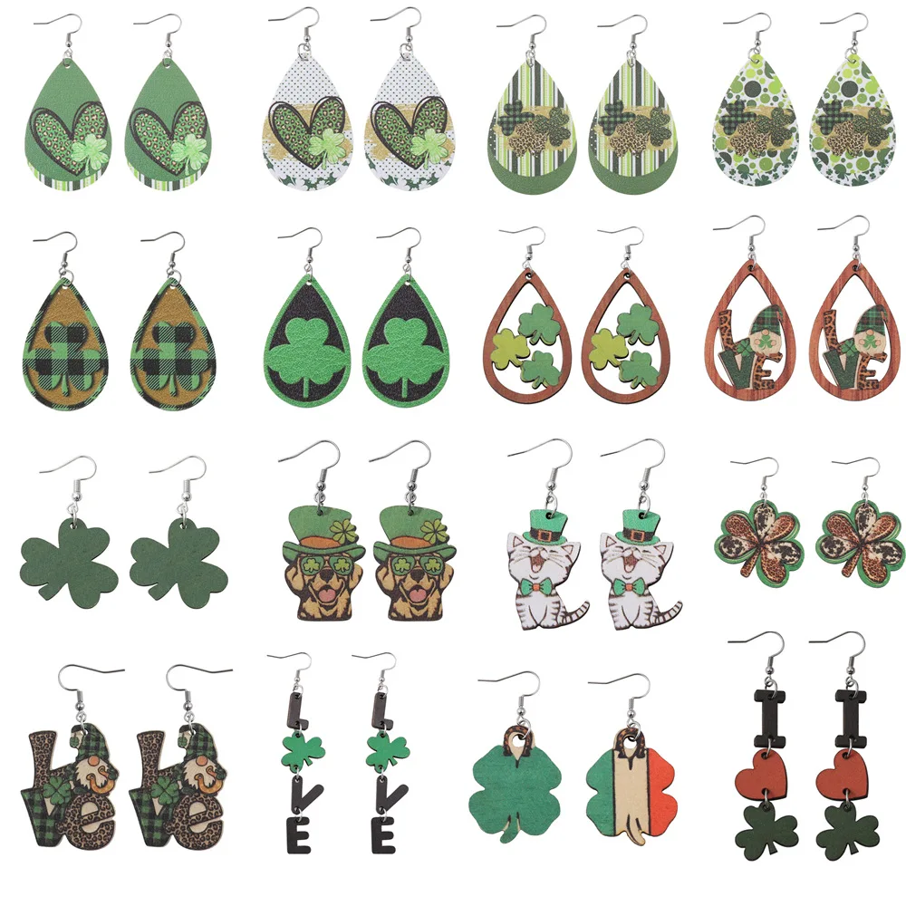 

2023 New Hot Love Clover Irish Green Lucky Four Leaf Double Sided PU Leather with Wooden Geometry Water Droplets Earrings for Wo