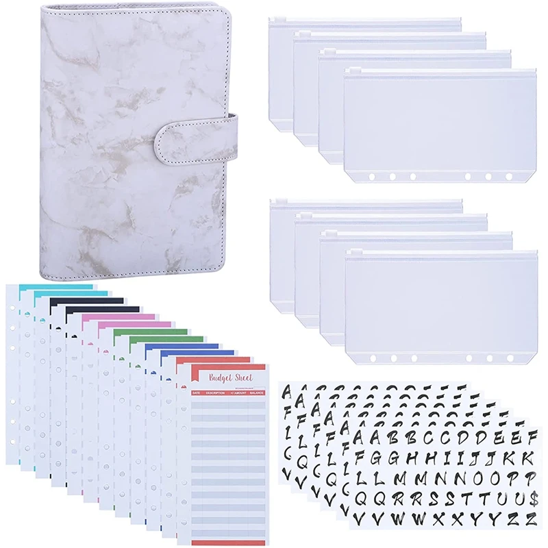 

A6 PU Budget Binder With A6 Binder Pockets,Expense Budget Sheets, 6PCS Letter Sticker Labels,6-Ring Budget Binder Cash