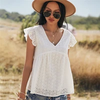 2022 new sweet hollow out top women casual spring summer fly sleeve blouse ladies loose v neck pullover tops