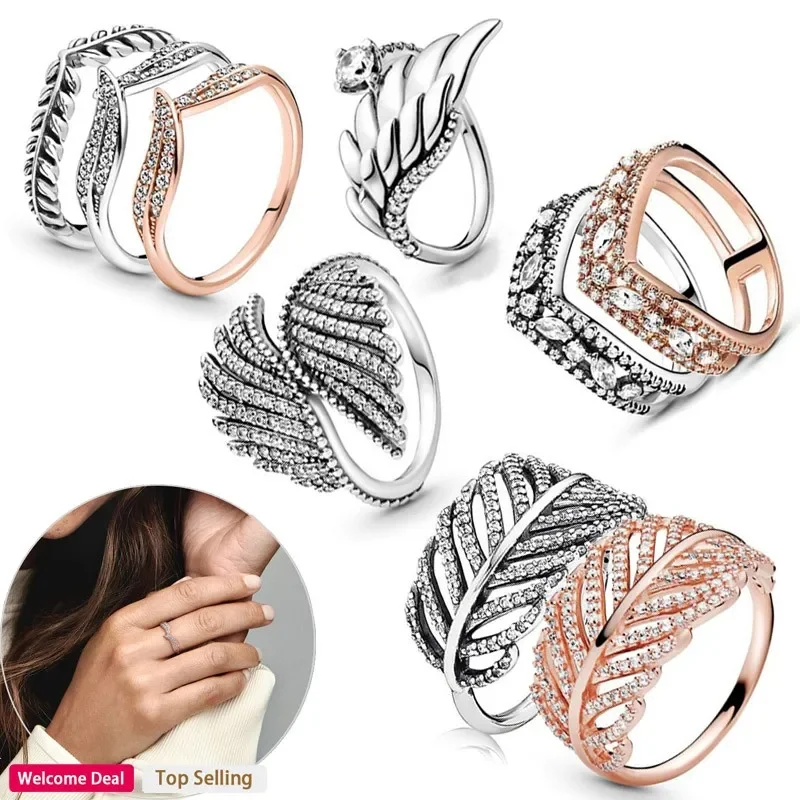 

Hot Selling 925 Sterling Silver Women's Original Vintage Wing Shining Leaf Crown Ring Fashion DIY Charm Festival Luxury Gift