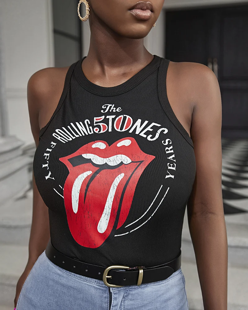 

2023 Summer Lip Letter Print Ribbed Tank Top Women O Neck Black Print T-Shirts Casual Sportswear Clothes Vest Tops Female Ropa
