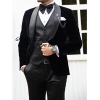 mens tuxedos velvet two button 3 pieces suits wedding groom blazer jacket vest trousers