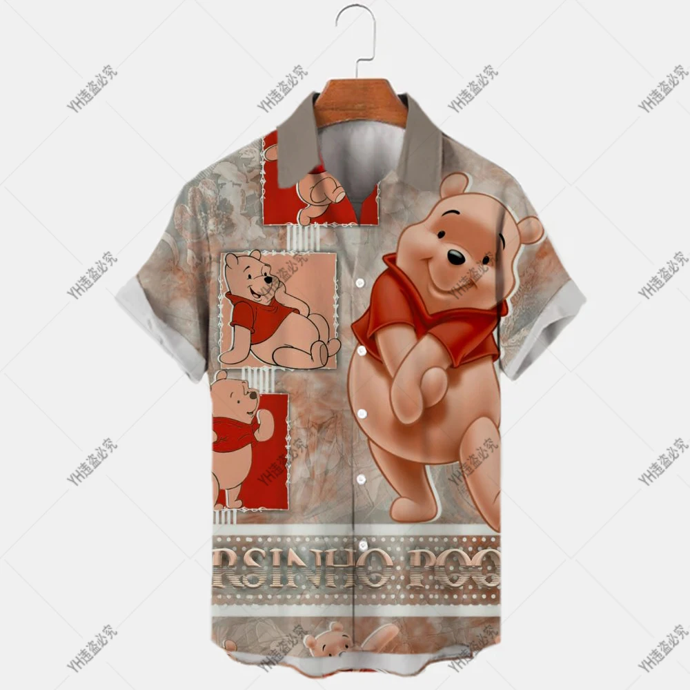 

Гавайская рубашка Disney для мужчин, винтажная Пляжная футболка с 3D принтом Винни-Пуха, с коротким рукавом, с лацканами и одной пуговицей, летний топ