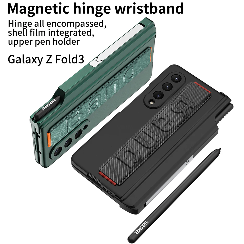 Magnetic Pen Holder Protective Case For Samsung Galaxy Z Fold4 3 Case Fold3 Shockproof Hinge Case With Wrist Strap & Screen Film