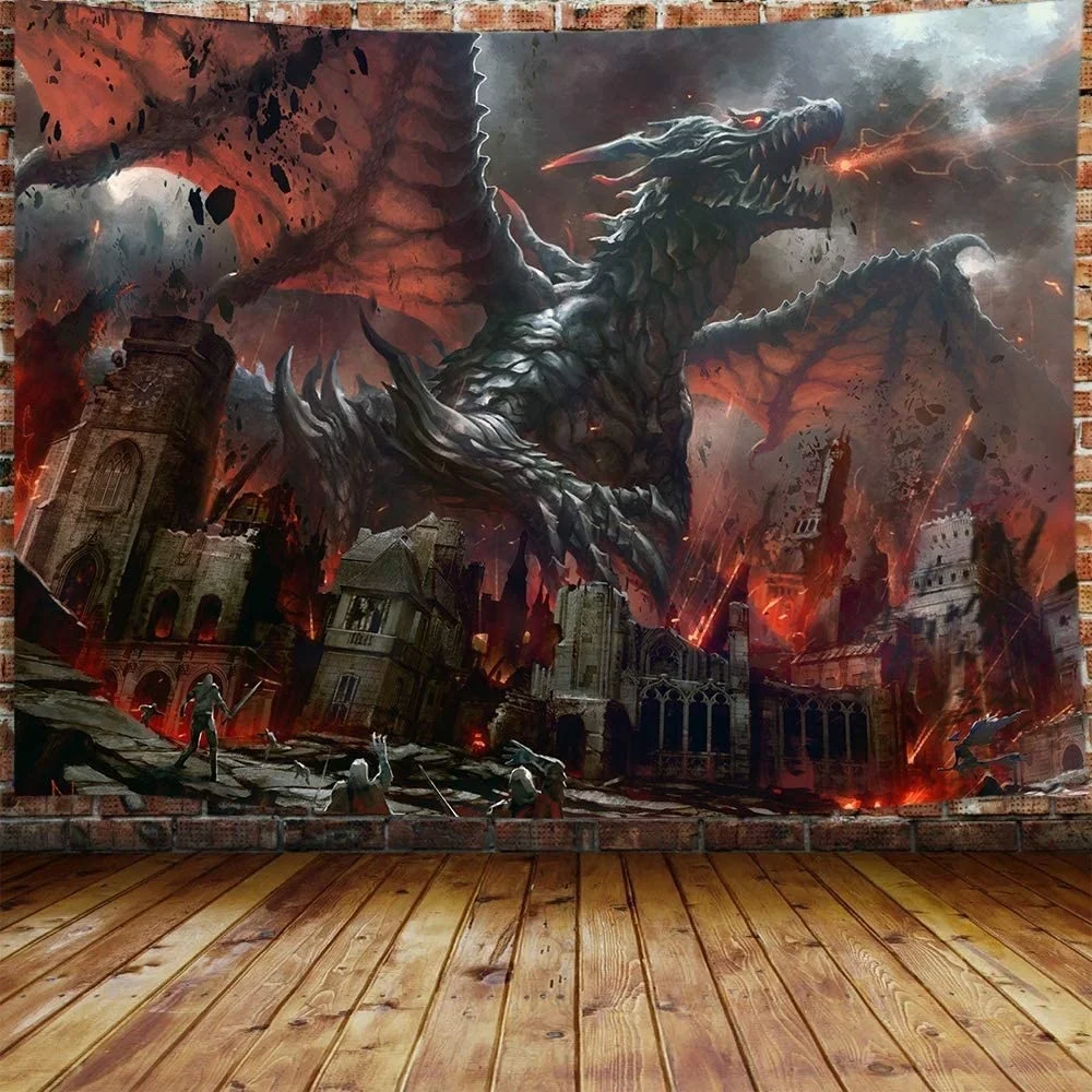 Fantasy World Tapestry Wall Hanging, Medieval Red Dragon And Human War Mythology Themed Art Tapestries Home Decoration Wall