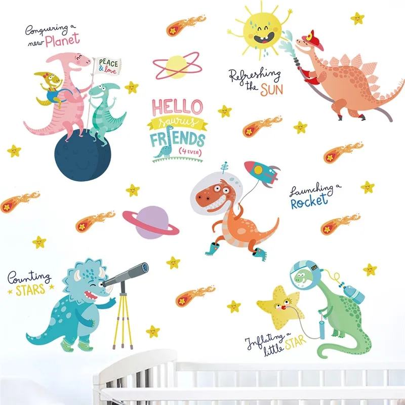 

Cartoon Dinosaurs Exploring Universe Wall Stickers For Home Decoration Animal Mural Art Diy Kids Room Decals Planet Space Poster