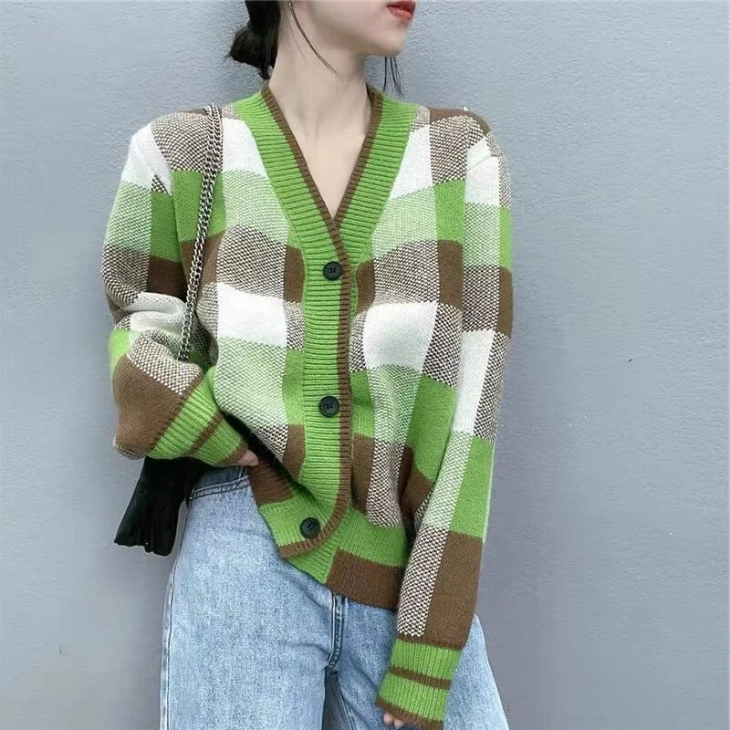 

Autumn Trendy Plaid V-neck Knitted Cardigan Women Korean Chic Contrast Base Sweater Female Loose Leisure Lazy Oaf Clothing