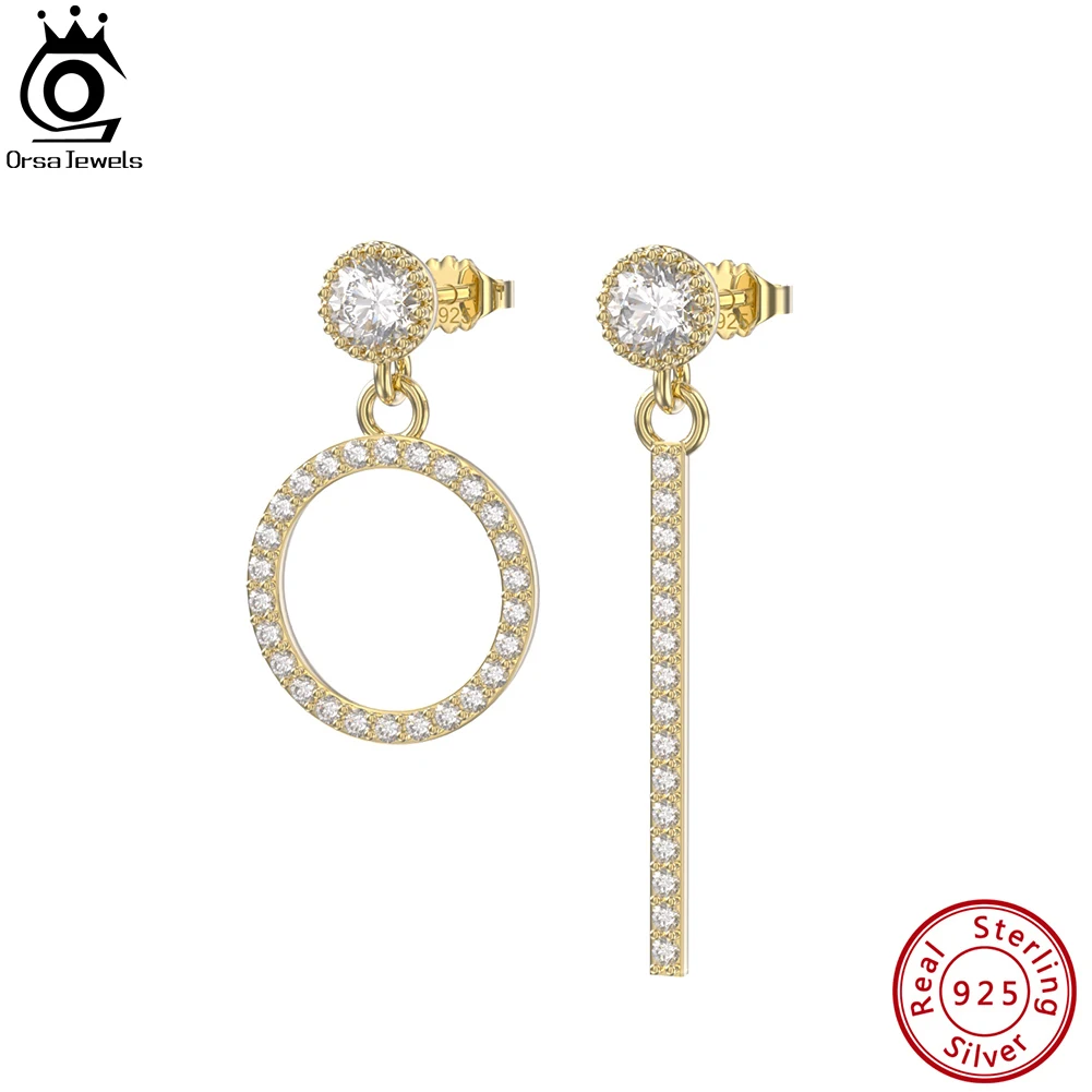 

ORSA JEWELS 925 Sterling Silver Asymmetric Geometric Drop Earrings Clear CZ Stud Earring for Women Birthday Gift Jewelry APE119