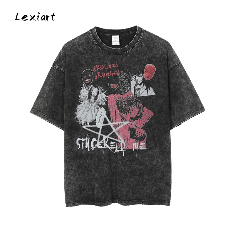 

Футболка в стиле Харадзюку для мужчин и женщин, винтажная тенниска с рисунком аниме, Повседневная Уличная одежда в стиле хип-хоп, топы оверс...