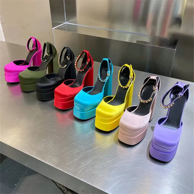 Fashion Woman High Heel Shoes Cover Toe Rhinestone Crude Heel Outdoor Party Sandals Thick Bottom Silk Summer Women Sandals Sexy