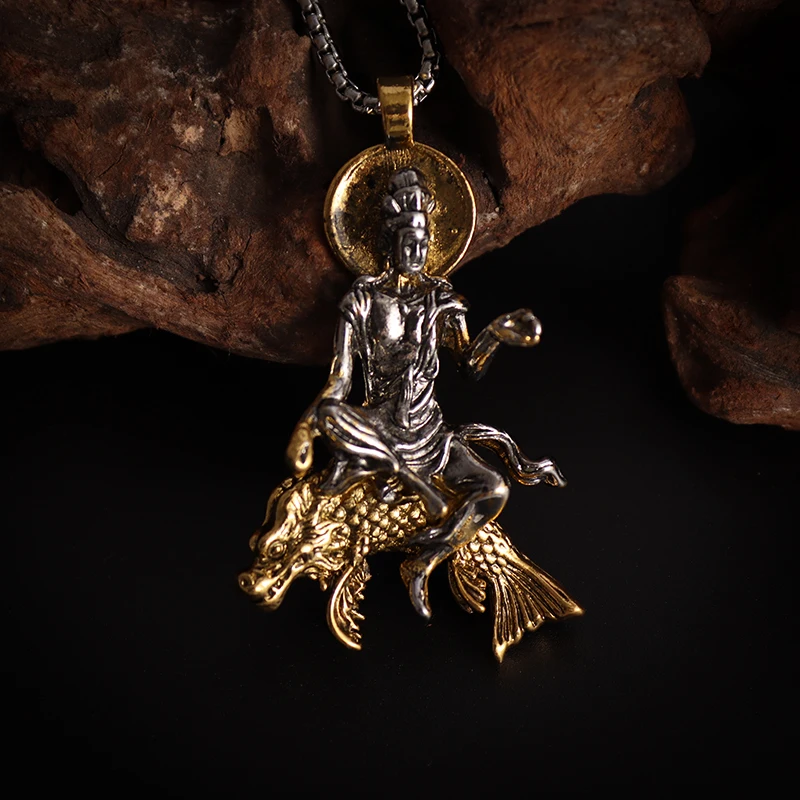 

Men Women Vintage Gold Color Arowana Mount Bodhisattva Buddha Pendant Necklace Trend Design Buddhist Amulets Jewelry