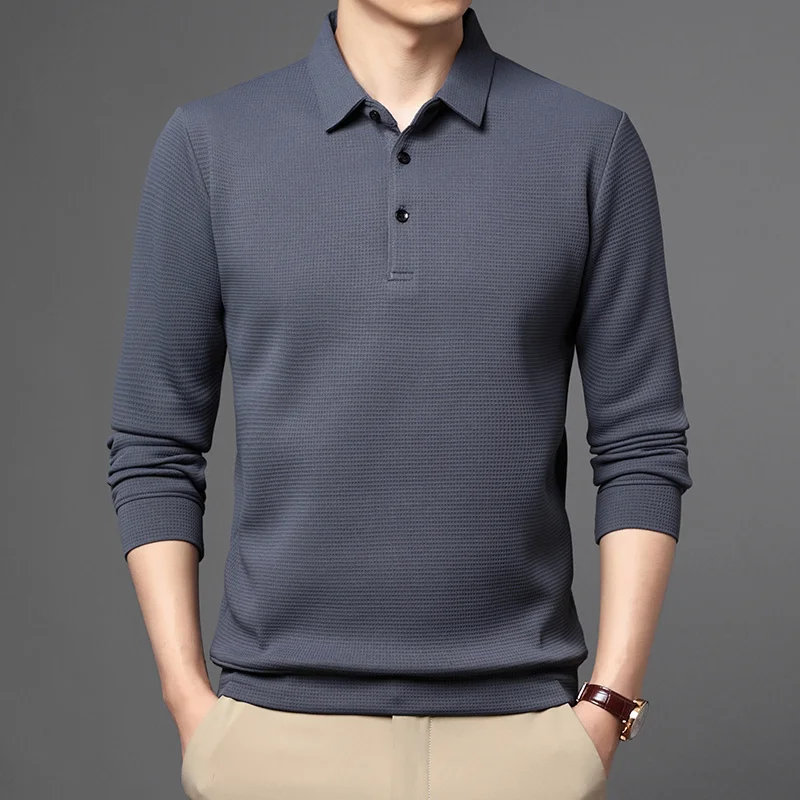 

Рубашка-поло мужская с длинным рукавом, деловая повседневная одежда, Однотонная футболка с отложным воротником, весна-осень