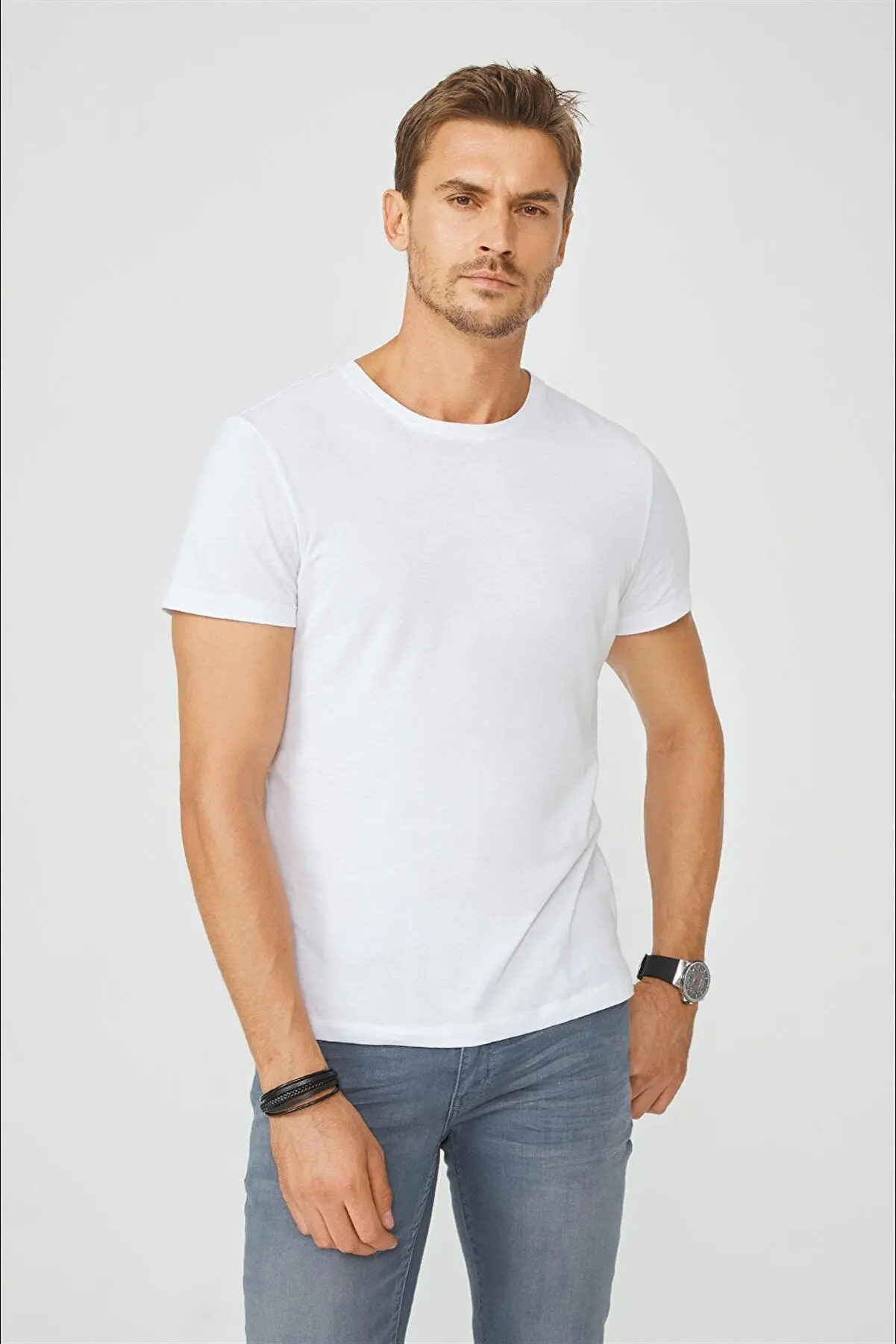 

Men's White Slim Fit 100% Cotton Bicycle Collar t-shirt E001000 T-Shirts For Men Summer Fashion