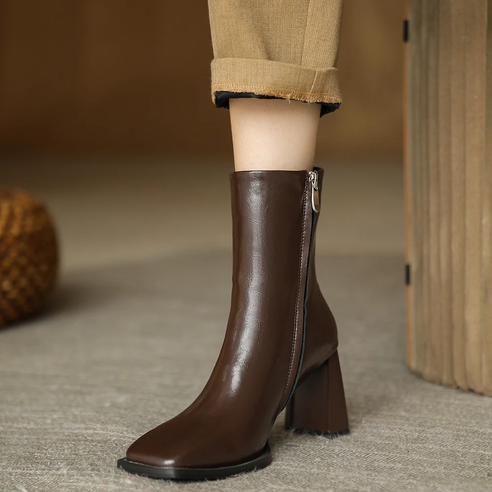 

Kanseet Genuine Leather Short Boots Women Shoes New Autumn Winter Ladies Square Toe Zipper Elegant High Heels Ankle Boots Beige