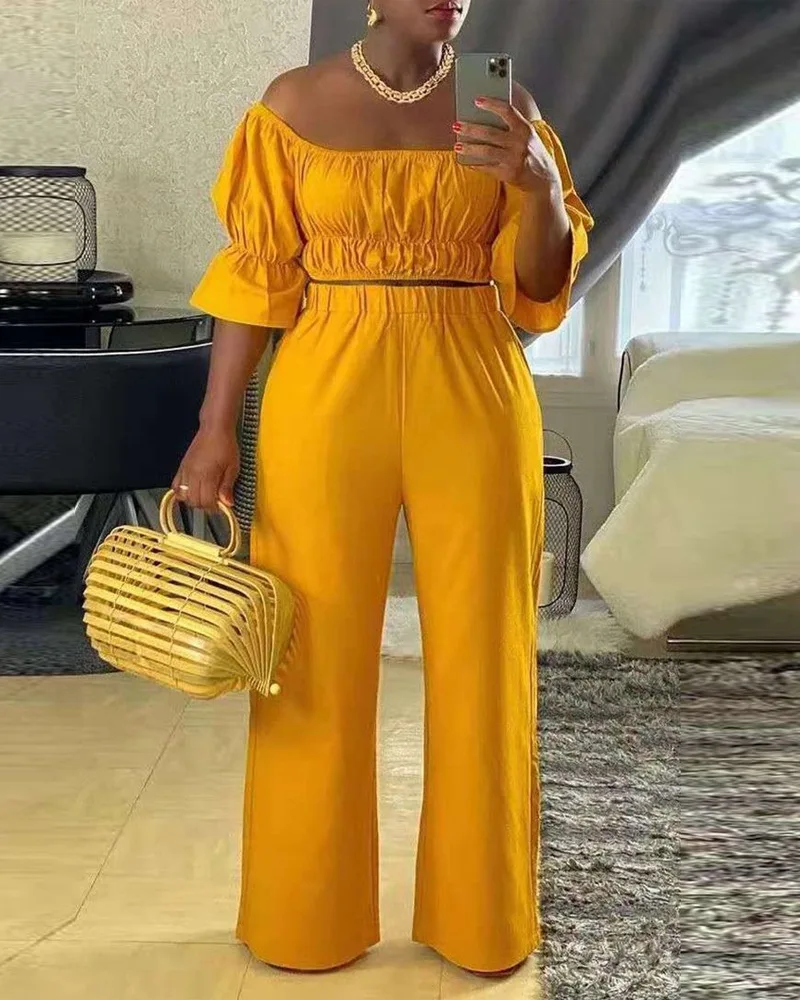 

Ruched Square Neck Bell Sleeve Jumpsuit Women Strapless High Waist Solid Color Summer Overall Pants Jumpsuits