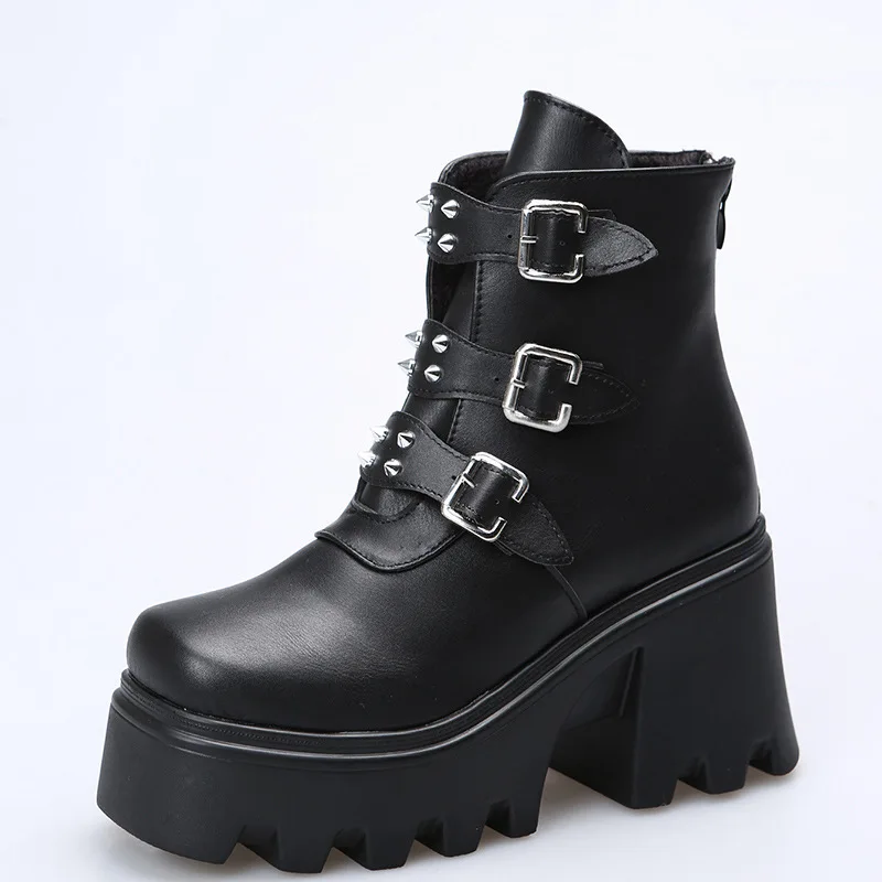 Punk Style Ankle Boots for Women 2022 Autumn Winter Square Toe High Heel Shoes Rivet Buckle Cool Streetwear Motorcycles Boots