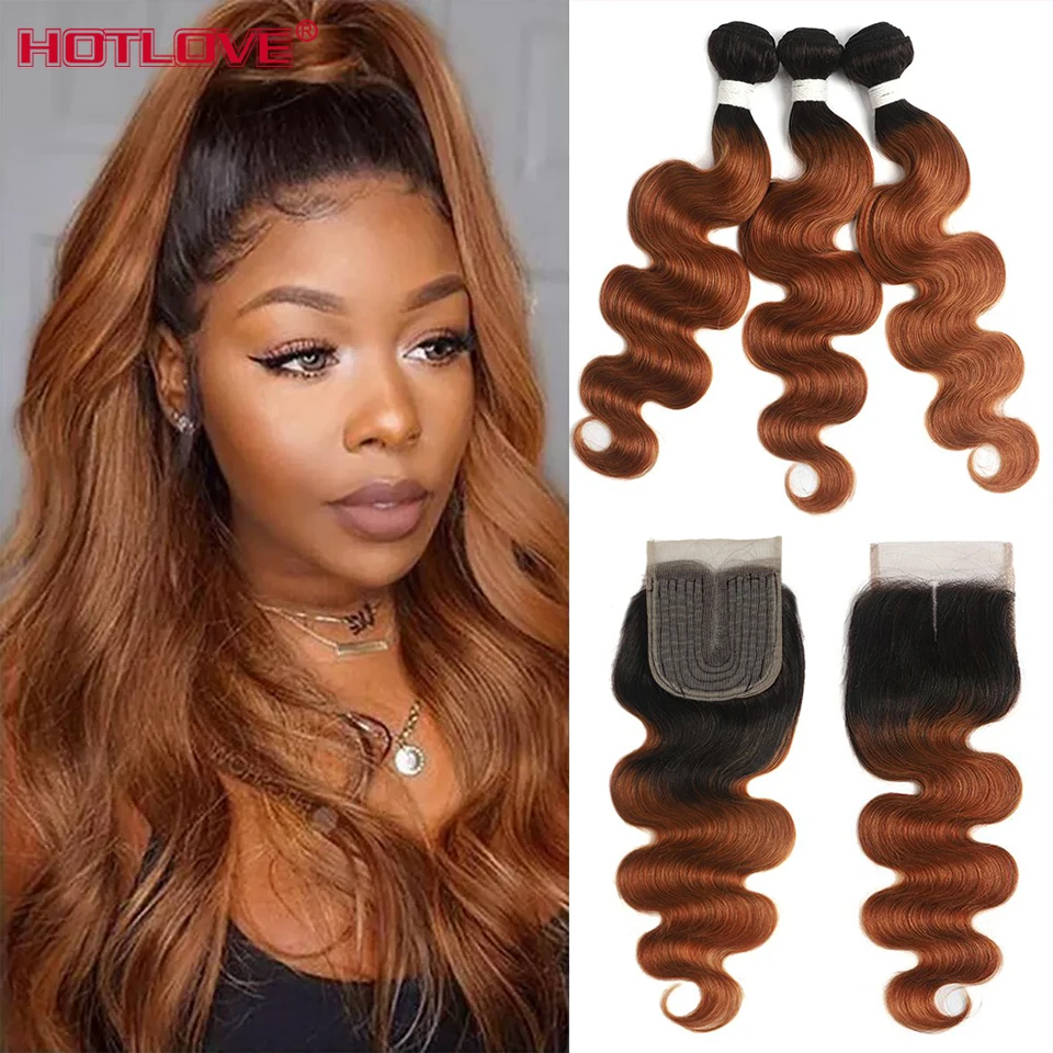 

Ombre Body Wave Human Hair Bundles With Closure T1B/30 Brazilian Hair Weave Bundles With Closure Pre Plucked Remy Hair Extension